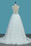 Vestidos de novia de encaje de tirantes 2024 una línea con parte posterior de la cintura moldeada abierta