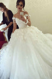 2024 Vestido de novia A-Line Tulle con flores hechas a mano y perlas mangas largas