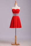 Fiesta de color rojo Vestidos una línea vestido corto / mini con diamantes de imitación de gasa