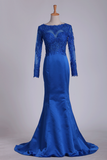 2024 azul real vestidos de baile de manga larga de la sirena / raso con apliques sin respaldo