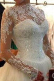 2024 vestidos de novia una línea de cuello alto de manga larga de tul con apliques de cremallera hasta