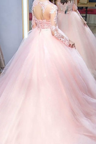 2024 Pink Ball Gown Jewel Mangas largas Barrido / Cepillo Tren Encaje Tul Vestidos de noche