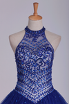 2022 Oscuro Royal Blue cabestro vestidos de Quinceanera del vestido de bola de Tulle con los granos y diamantes de imitación