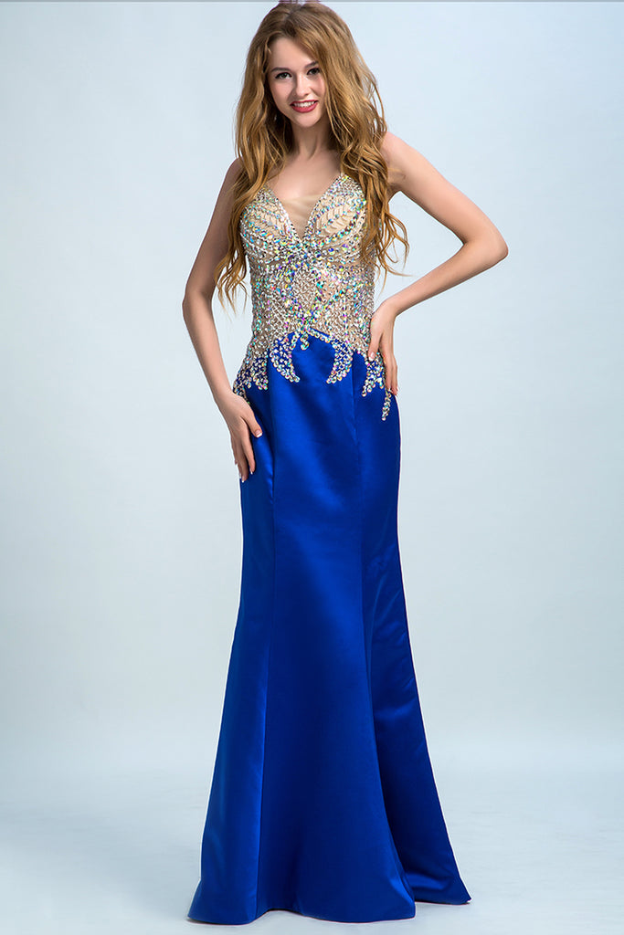 2022 Brak Royal Blue Two-Tone sirena vestidos de baile con cuello en V con cuentas blusa de raso y tul