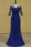 2022 Bateau oscuro azul real madre de la novia vestidos de 3.4 Longitud de la manga con apliques de raso oscuro azul real
