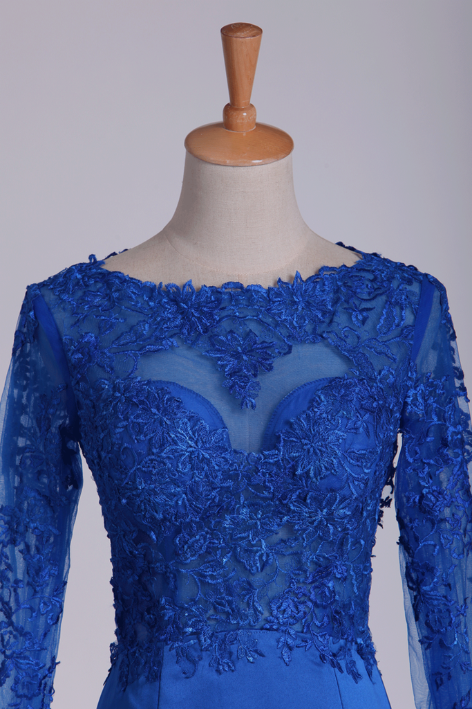 2024 azul real vestidos de baile de manga larga de la sirena / raso con apliques sin respaldo