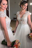 2024 Nueva llegada vestidos de boda A-Line V-cuello con Appliques mangas cortas