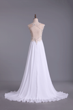 2022 Scoop escote del hombro vestidos de baile Suelo Blanco Longitud de gasa con bordado del oro