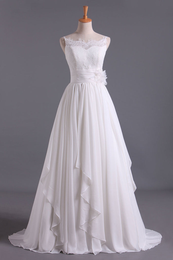 2024 vestidos de novia correas espaguetis con apliques y flores hechas a mano de la gasa de una línea