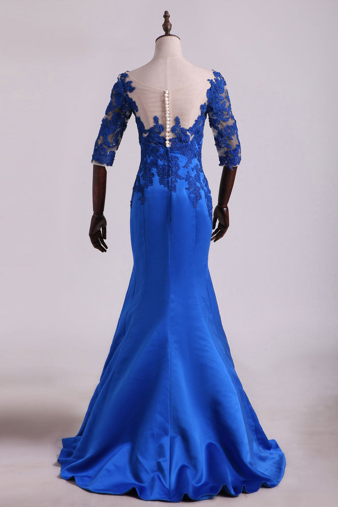 2022 caliente Bateau oscuro azul real madre de la novia vestidos de 3.4 Longitud de la manga con apliques de raso