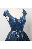Elegante mangas casquillo azul marino oscuro una línea de vestido de fiesta largo con apliques