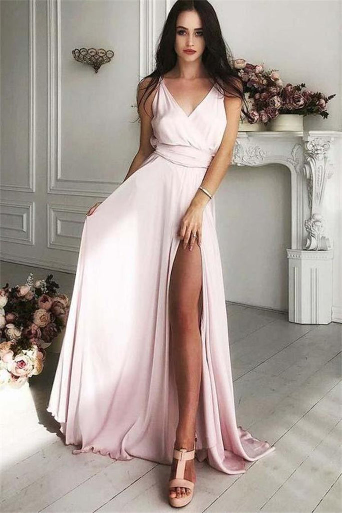 Vestidos de fiesta con escote en V con frente largo y sencillo, barato, elegante y rosado Vestidos de fiesta