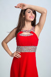2024 Sexy vestidos de baile Una Line Scoop barrer / cepillo rojo espalda abierta