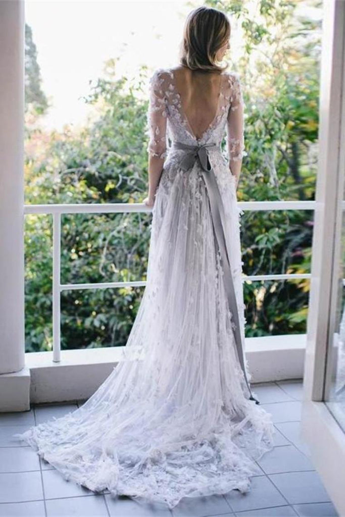 Bastante largas espalda abierta medias mangas elegantes vestidos de baile vestidos de novia