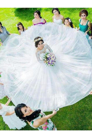 Vestidos de novia de tul largo con apliques de encaje de mangas largas bateau vestido de gala