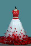 2024 Scoop A Line Tulle dos piezas de vestidos de novia con apliques y flores hechas a mano