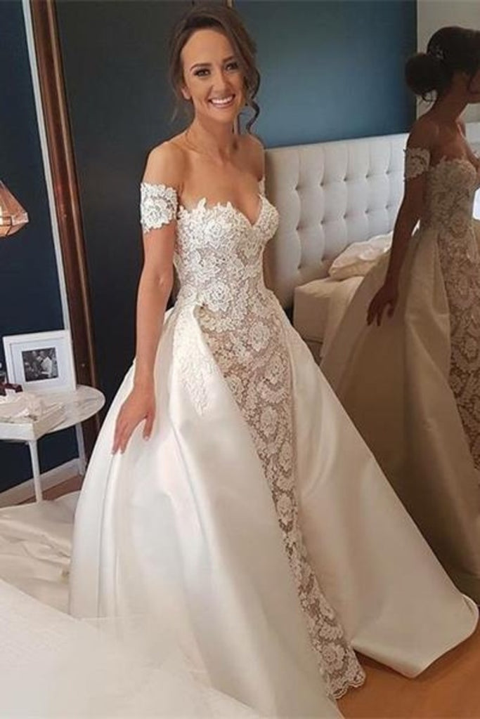 Pretty Of The Shoulder Lace Satin Vestidos de novia largos Vestidos de boda