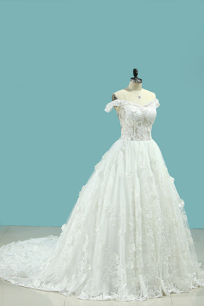 2022 vestidos de novia del hombro una línea de tul con apliques