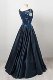 Elegante mangas casquillo azul marino oscuro una línea de vestido de fiesta largo con apliques