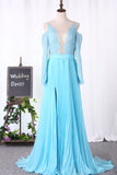 2024 Scoop Long Sleeves Prom Dresses Tulle con Applique A Line
