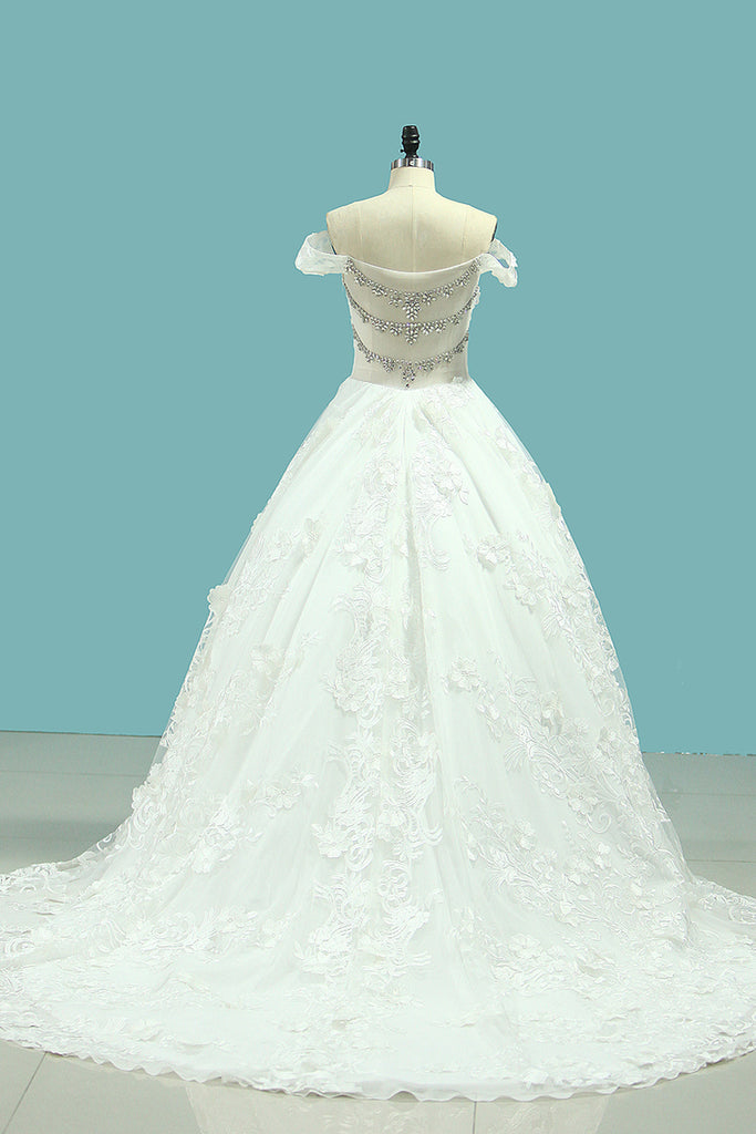 2022 vestidos de novia del hombro una línea de tul con apliques