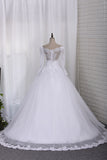 2024 Nuevo vestido de novia A-Line cucharada de manga larga tren de la corte de Tulle con Applique