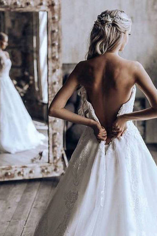 Elegante una línea de vestidos de novia de encaje 3D vestido de boda del tren de la capilla