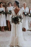 Una línea de mangas largas con cuello en V profundo Vestidos de novia sin espalda Vestidos largos de novia