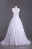 2024 vestidos de novia de una línea espalda abierta de la cucharada de tul con aplicaciones de tejido y los granos