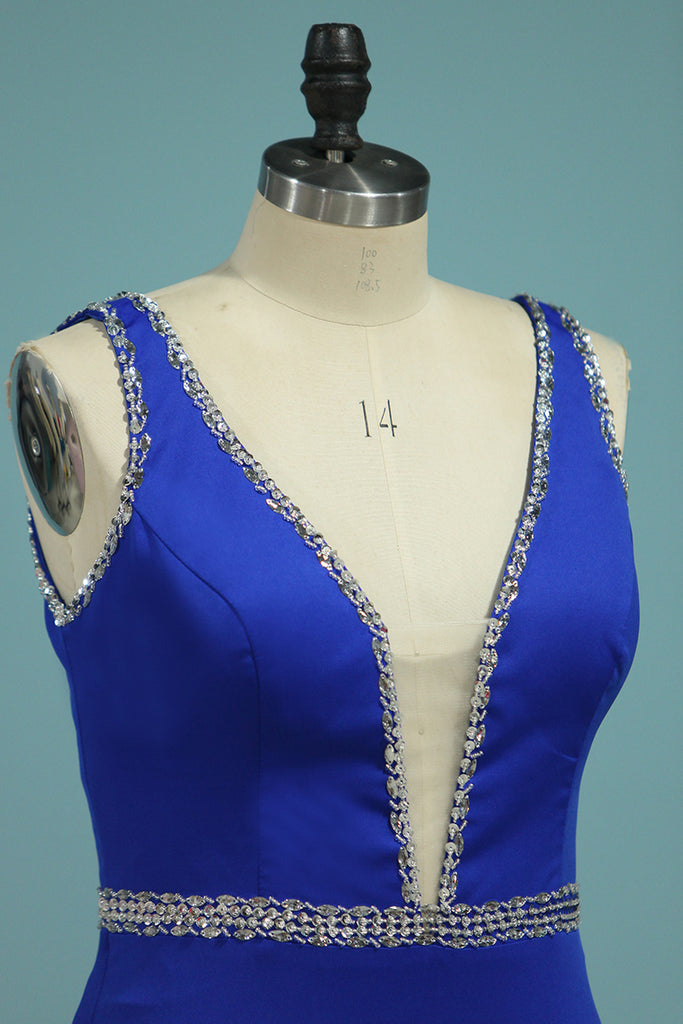 2022 vestidos de baile sirena cuello en V rebordear Spandex Con abertura en la espalda