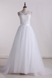 2024 V-cuello una línea vestidos de boda de tul con aplicaciones de tejido y la cinta