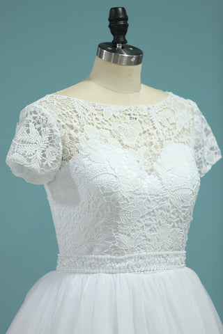 2024 vestidos de boda A-Line Bateau Cap mangas de tul cremallera de la espalda tribunal tren