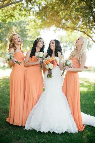Una línea de novia de gasa larga elegante vestidos de dama de honor Naranja vestidos de dama de honor
