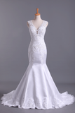 2022 caliente vestidos de boda de la sirena V-cuello tribunal Satén Con apliques espalda abierta