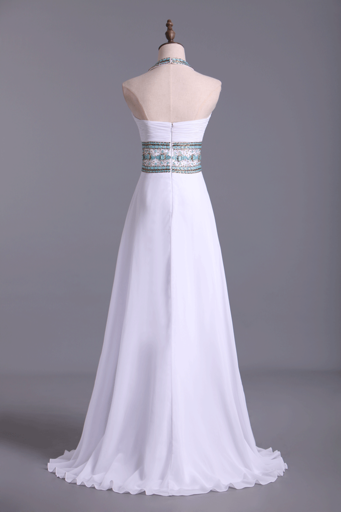 2022 cabestro vestido de fiesta A-Line Recogida largo de la gasa de la falda con el cristal rebordear y volantes