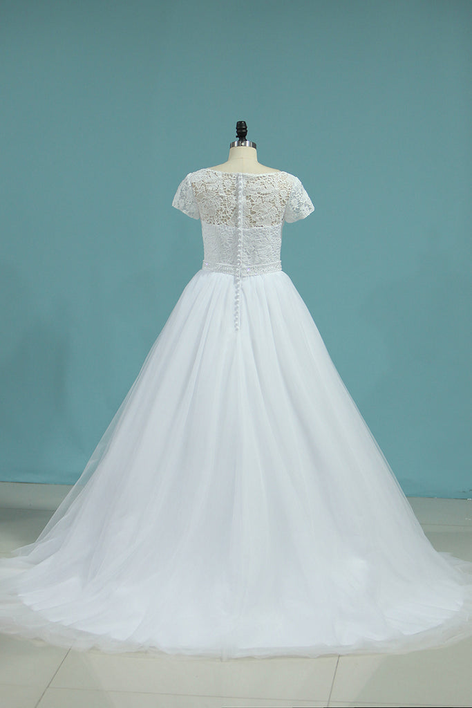2022 vestidos de boda A-Line Bateau Cap mangas de tul cremallera de la espalda tribunal tren