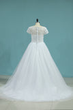 2022 vestidos de boda A-Line Bateau Cap mangas de tul cremallera de la espalda tribunal tren