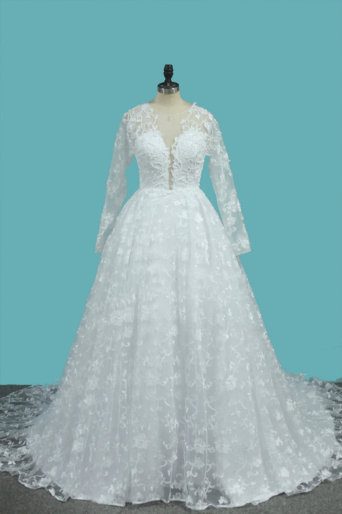 2022 de lujo una línea de encaje Scoop mangas largas vestidos de novia con perlas Royal Train