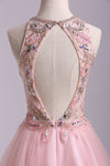 2024 Impresionante una línea corta / mini vestido de tul con encaje con cuentas blusa espalda abierta Rosa