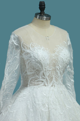 2024 una línea Scoop mangas largas vestidos de novia tul con apliques capilla tren