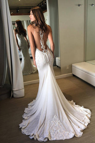 2024 Scoop gasa vestidos de novia sirena con tren de corte Applique