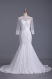 2024 vestido de Tulle de la cucharada 3/4 Longitud de la manga de la sirena de la boda con el marco tribunal tren