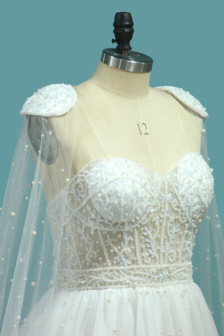 2022 vestidos de novia de novia una línea de tul con cuentas barrer el tren