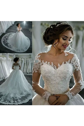 2024 nuevo cuello largo de la cucharada de los vestidos de boda de Tulle de las mangas de la llegada con Appliques