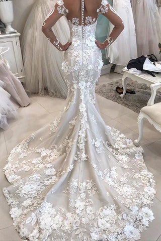 2024 desmontable tren mangas largas Scoop sirena vestidos de novia con Tulle Applique