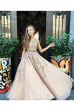 A Line Bateau Neckline Beadings Sash Prom Gown Champagne Appliques Lace Up Back Prom Dress