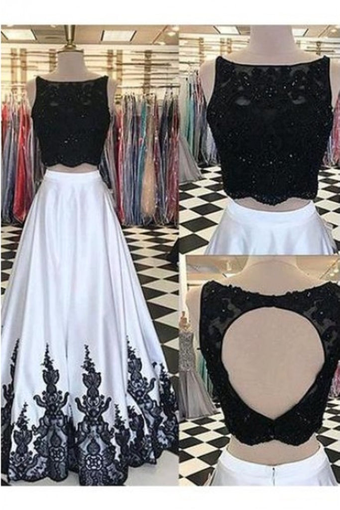 Negro Amd blanco 2 piezas de encaje largo satinado espalda abierta vestidos de baile