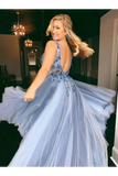 Sky Blue Sequis 3D Flower Prom Dresses Una línea de vestidos formales con cuello en V profundo