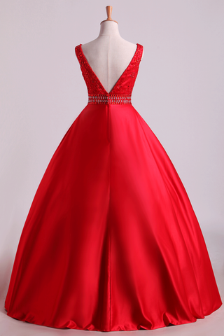 2024 Hot Red Satin Prom Vestidos Tirantes piso-longitud con cuentas Corpiño una línea