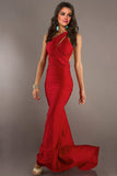 Elegantes vestidos de baile 2022 Red vaina / columna de un barrido de la gasa del hombro / cepillocola